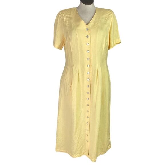 Orvis Tea Dress Women 18 Yellow Linen Blend V Neck Short Sleeve Button Midi - Picture 1 of 5